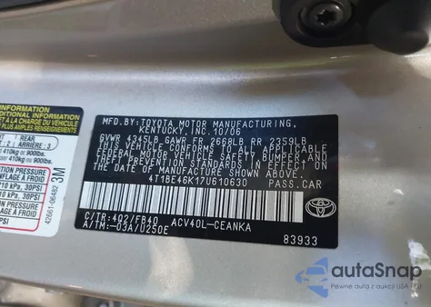 2007 Toyota Camry Le z USA, uszkodzony, nr VIN 4T1BE46K17U610630